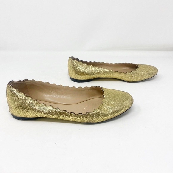 Chloe Lauren Gold Metallic Sparkle Scalloped Ballet Flats 37 US 7 - Picture 1 of 8